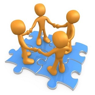 Four Orange People Holding Hands While Standing On Connected Blue Puzzle Pieces, Symbolizing Teamwork, And Interlinking For Seo Website Marketing Clipart Illustration Graphic
